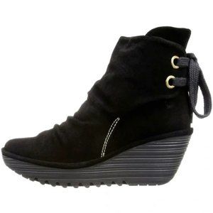 Fly London Black Suede Leather Yama Booties 5 Wedge Back Laces Ankle Boots EU 36